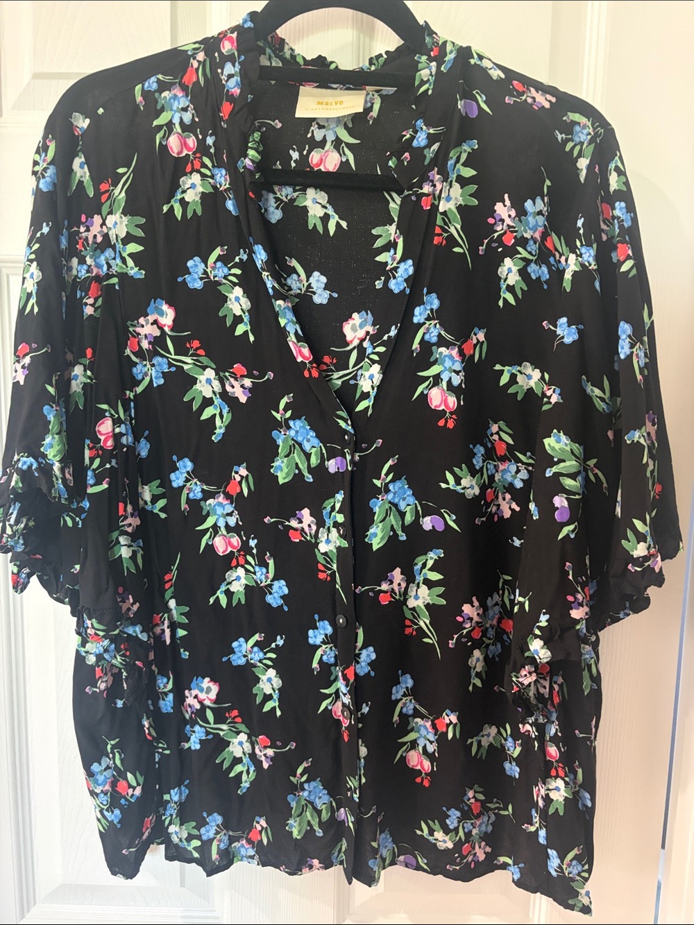Maeve by Anthropologie Black Floral V-Neck Blouse XL